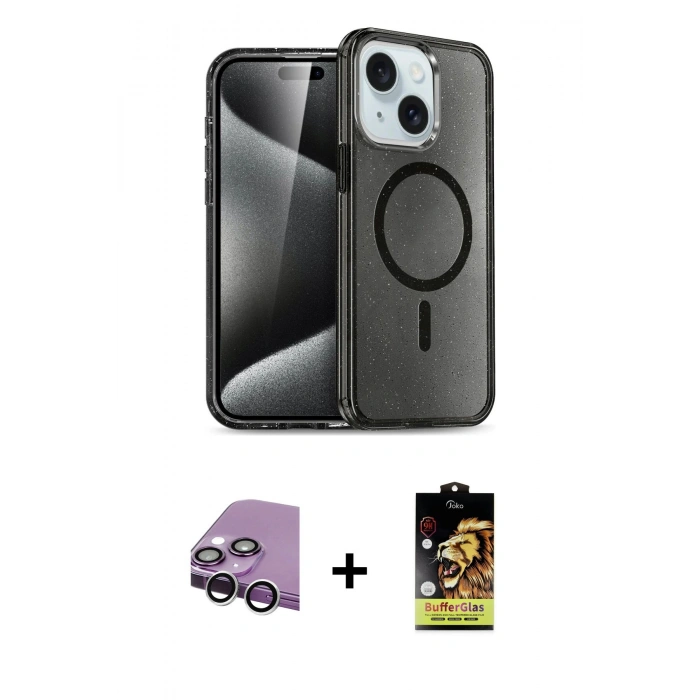 MARSİLYAN™- iPhone 14 Kılıf Nova Asil Prime - Siyah Buffer Cam Ekran Koruyucu + Raze Metal Kamera Lens - GS