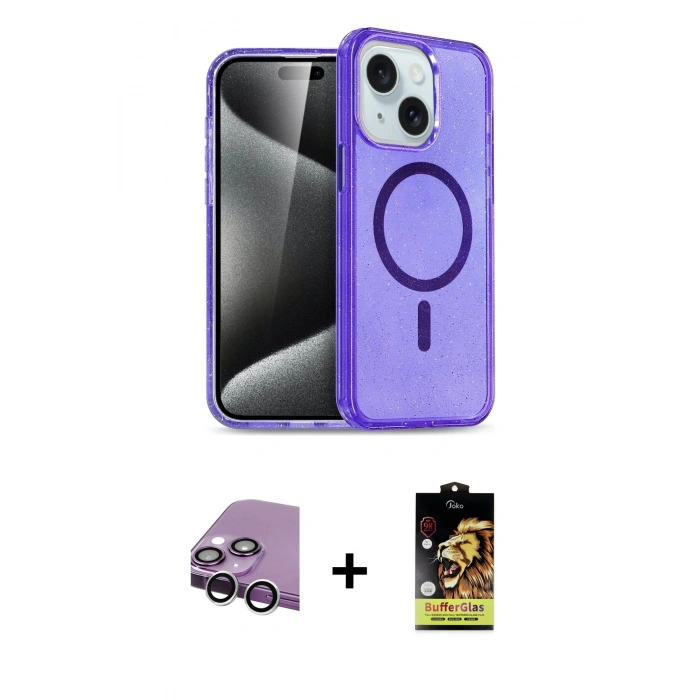 MARSİLYAN™- iPhone 14 Kılıf Nova Asil Prime - Siyah Buffer Cam Ekran Koruyucu + Raze Metal Kamera Lens - GS