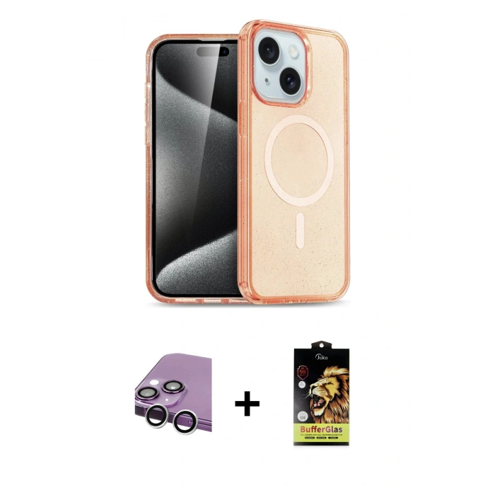 MARSİLYAN™- iPhone 14 Kılıf Nova Asil Prime - Siyah Buffer Cam Ekran Koruyucu + Raze Metal Kamera Lens - GS