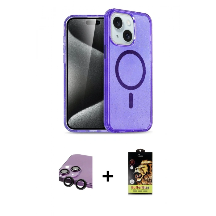 MARSİLYAN™- iPhone 14 Kılıf Nova Asil Prime - Siyah Buffer Cam Ekran Koruyucu + Raze Metal Kamera Lens - SH