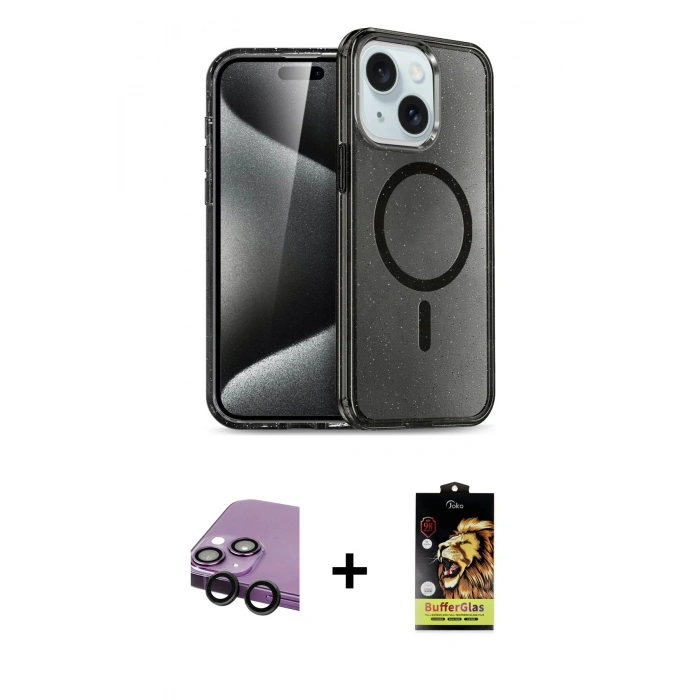 MARSİLYAN™- iPhone 14 Kılıf Nova Asil Prime - Siyah Buffer Cam Ekran Koruyucu + Raze Metal Kamera Lens - SH