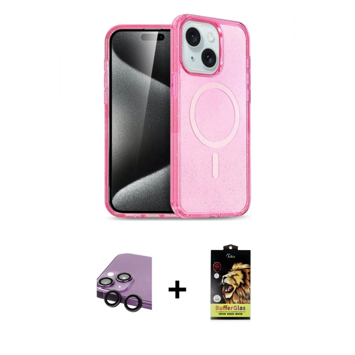 MARSİLYAN™- iPhone 14 Kılıf Nova Asil Prime - Siyah Buffer Cam Ekran Koruyucu + Raze Metal Kamera Lens - SH