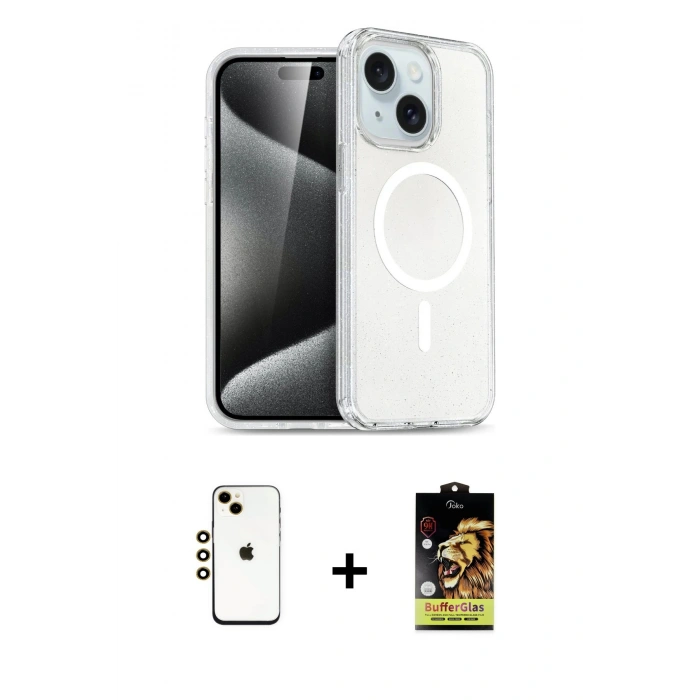 MARSİLYAN™- iPhone 14 Kılıf Nova Asil Prime - Siyah Buffer Cam Ekran Koruyucu + Shine Kamera Lens - GD