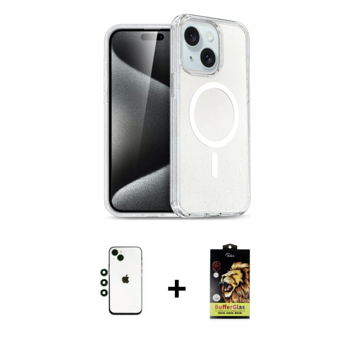 MARSİLYAN™- iPhone 14 Kılıf Nova Asil Prime - Siyah Buffer Cam Ekran Koruyucu + Shine Kamera Lens - YL