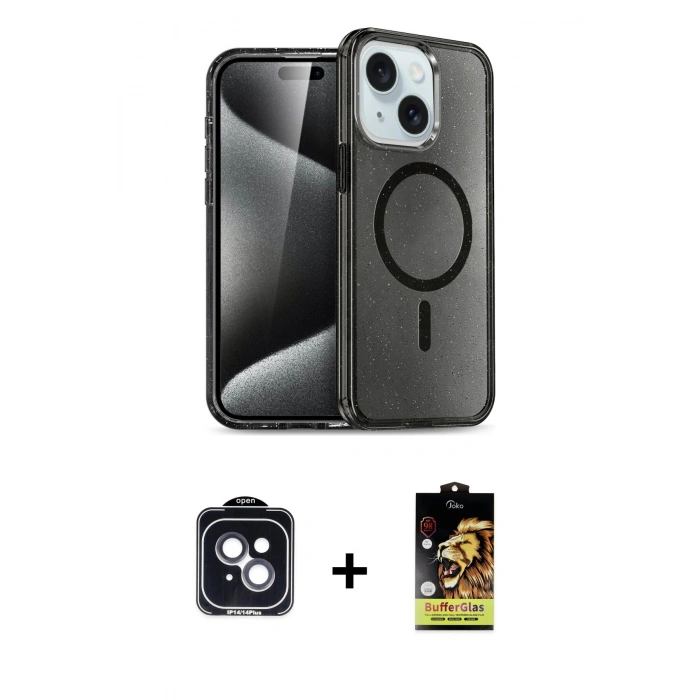 MARSİLYAN™- iPhone 14 Kılıf Nova Asil Prime - Siyah Buffer Cam Ekran Koruyucu + PVD Metal Kamera Lens - SH