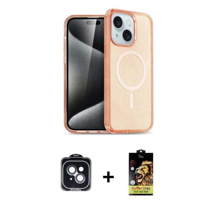 MARSİLYAN™- iPhone 14 Kılıf Nova Asil Prime - Siyah Buffer Cam Ekran Koruyucu + PVD Metal Kamera Lens - SH