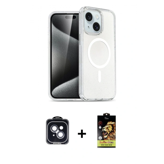 MARSİLYAN™- iPhone 14 Kılıf Nova Asil Prime - Siyah Buffer Cam Ekran Koruyucu + PVD Metal Kamera Lens - SH