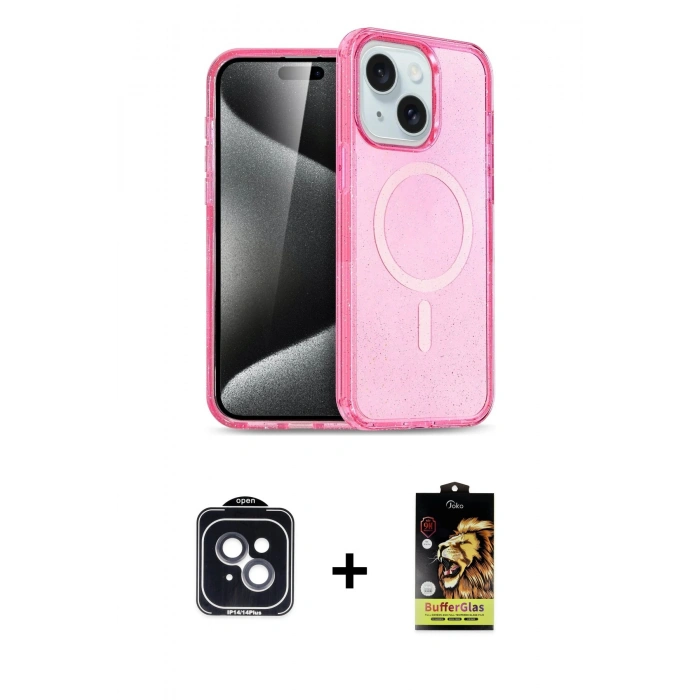 MARSİLYAN™- iPhone 14 Kılıf Nova Asil Prime - Siyah Buffer Cam Ekran Koruyucu + PVD Metal Kamera Lens - SH