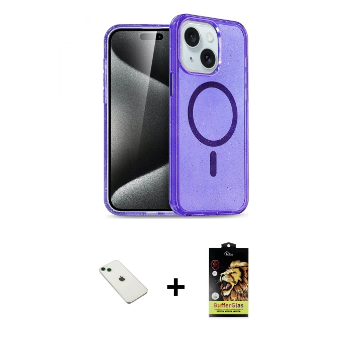 MARSİLYAN™- iPhone 14 Kılıf Nova Asil Prime - Siyah Buffer Cam Ekran Koruyucu + Diamond Kamera Lens - YL