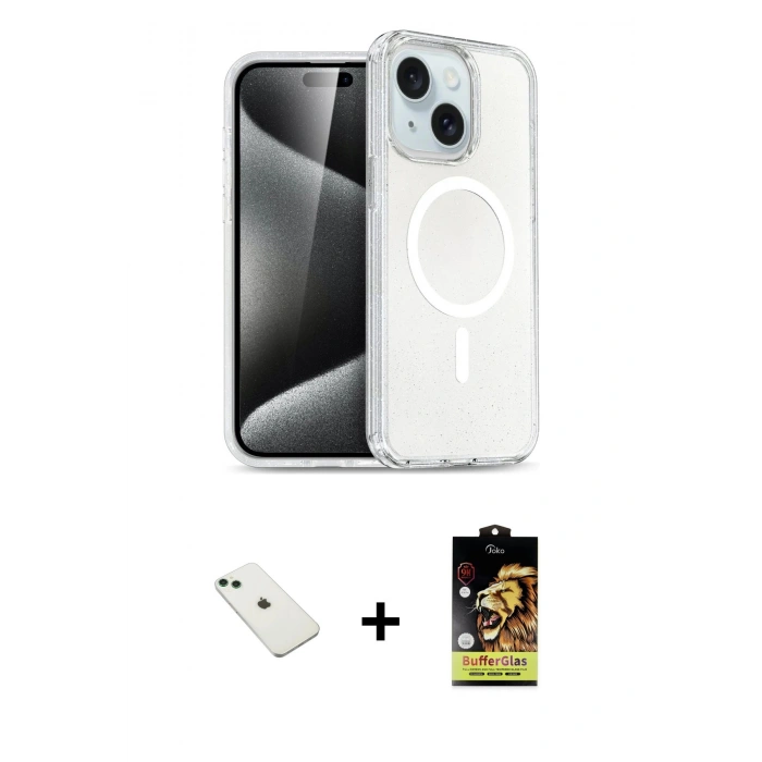 MARSİLYAN™- iPhone 14 Kılıf Nova Asil Prime - Siyah Buffer Cam Ekran Koruyucu + Diamond Kamera Lens - YL