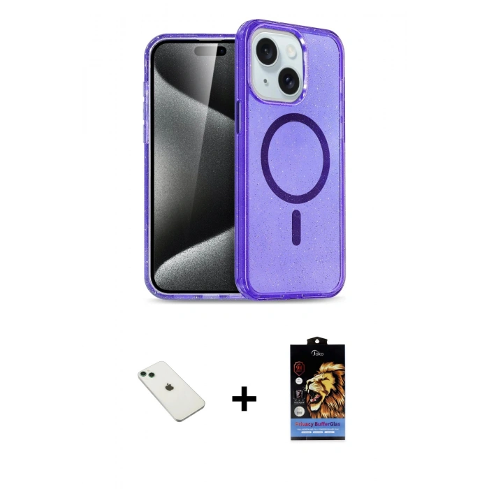 MARSİLYAN™- iPhone 14 Kılıf Nova Asil Prime - Siyah Buffer Hayalet Cam Ekran Koruyucu + Diamond Kamera Lens - YL