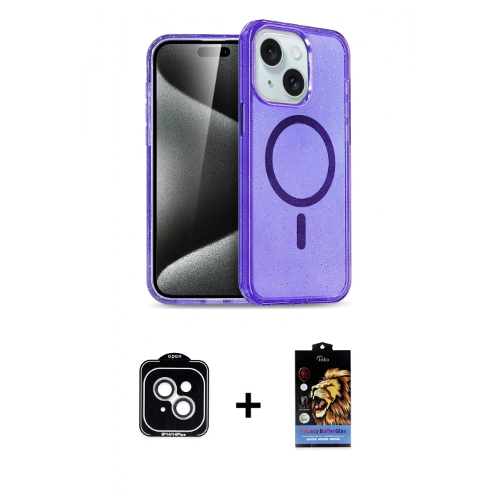 MARSİLYAN™- iPhone 14 Kılıf Nova Asil Prime - Siyah Buffer Hayalet Cam Ekran Koruyucu + Gümüş PVD Metal Kamera Lens