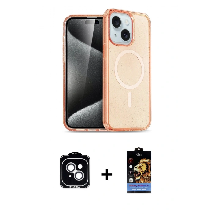 MARSİLYAN™- iPhone 14 Kılıf Nova Asil Prime - Siyah Buffer Hayalet Cam Ekran Koruyucu + Gümüş PVD Metal Kamera Lens