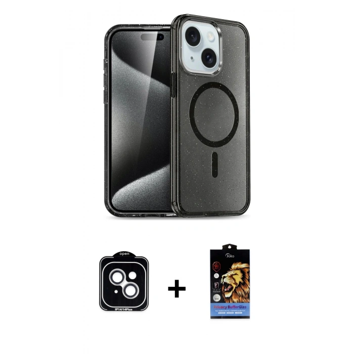 MARSİLYAN™- iPhone 14 Kılıf Nova Asil Prime - Siyah Buffer Hayalet Cam Ekran Koruyucu + Gümüş PVD Metal Kamera Lens