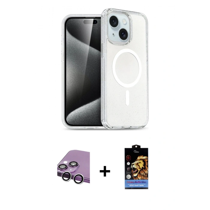 MARSİLYAN™- iPhone 14 Kılıf Nova Asil Prime - Siyah Buffer Hayalet Cam Ekran Koruyucu + Raze Metal Kamera Lens - GS