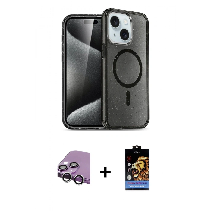 MARSİLYAN™- iPhone 14 Kılıf Nova Asil Prime - Siyah Buffer Hayalet Cam Ekran Koruyucu + Raze Metal Kamera Lens - GS