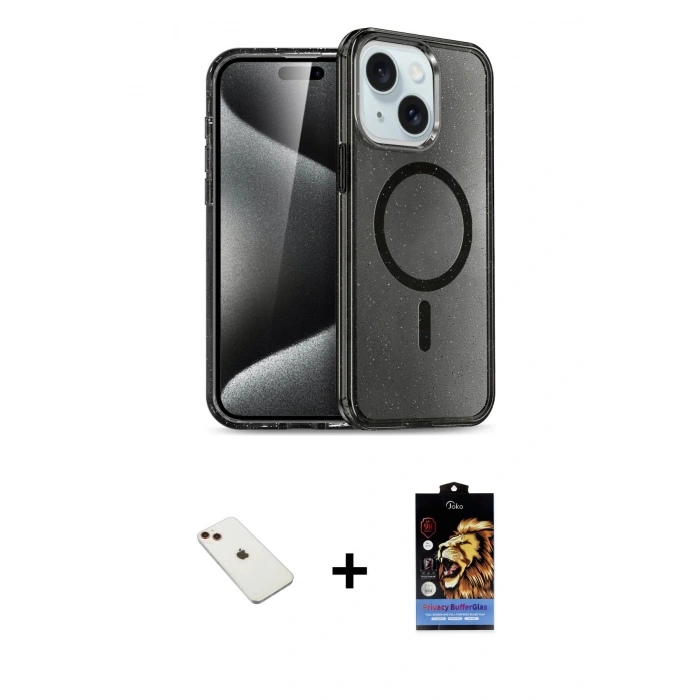 MARSİLYAN™- iPhone 14 Kılıf Nova Asil Prime - Siyah Buffer Hayalet Cam Ekran Koruyucu + Diamond Kamera Lens - KI