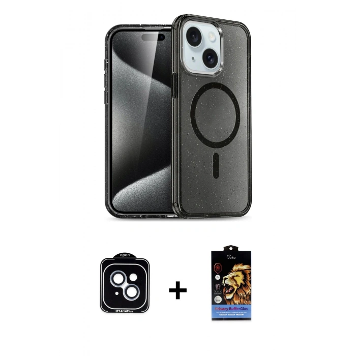 MARSİLYAN™- iPhone 14 Kılıf Nova Asil Prime - Siyah Buffer Hayalet Cam Ekran Koruyucu + Mavi PVD Metal Kamera Lens