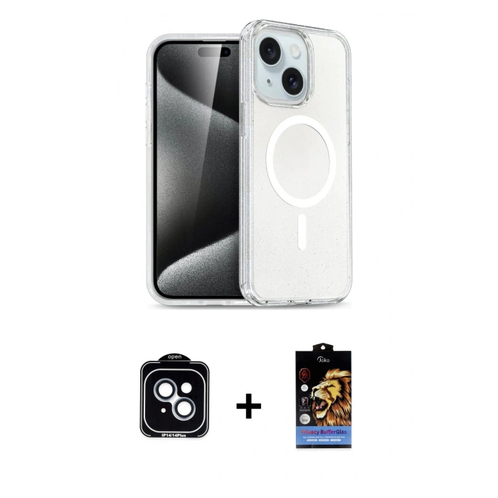 MARSİLYAN™- iPhone 14 Kılıf Nova Asil Prime - Siyah Buffer Hayalet Cam Ekran Koruyucu + Mavi PVD Metal Kamera Lens