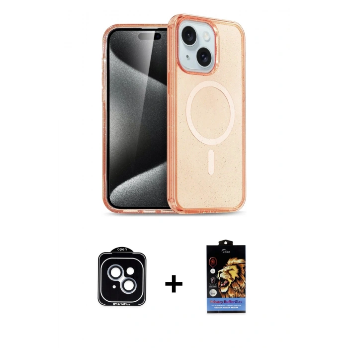 MARSİLYAN™- iPhone 14 Kılıf Nova Asil Prime - Siyah Buffer Hayalet Cam Ekran Koruyucu + Mavi PVD Metal Kamera Lens