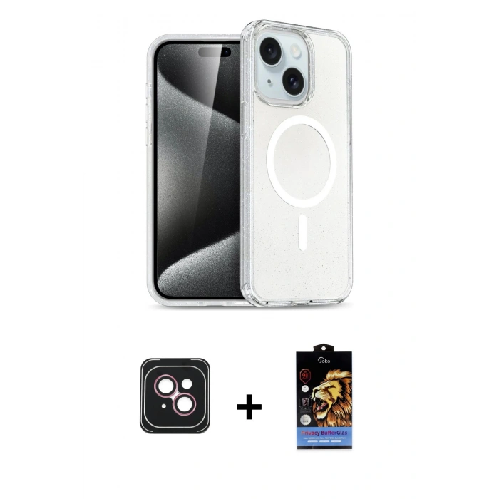 MARSİLYAN™- iPhone 14 Kılıf Nova Asil Prime - Siyah Buffer Hayalet Cam Ekran Koruyucu + PVD Metal Kamera Lens - PE