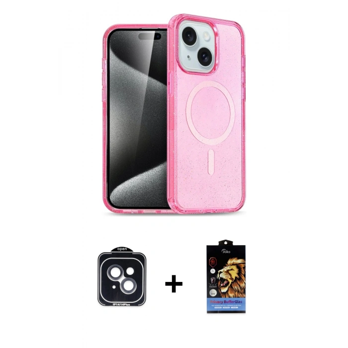 MARSİLYAN™- iPhone 14 Kılıf Nova Asil Prime - Siyah Buffer Hayalet Cam Ekran Koruyucu + PVD Metal Kamera Lens - SH