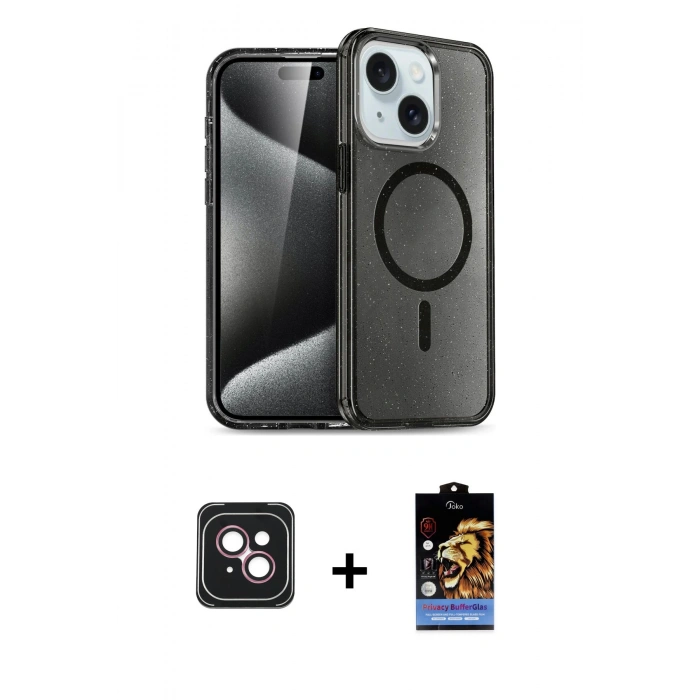 MARSİLYAN™- iPhone 14 Kılıf Nova Asil Prime - Siyah Buffer Hayalet Cam Ekran Koruyucu + PVD Metal Kamera Lens - PE