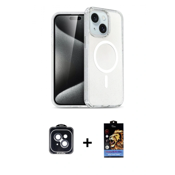 MARSİLYAN™- iPhone 14 Kılıf Nova Asil Prime - Siyah Buffer Hayalet Cam Ekran Koruyucu + PVD Metal Kamera Lens - SH