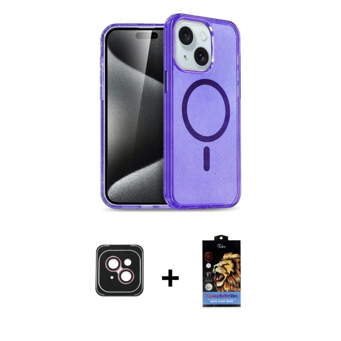 MARSİLYAN™- iPhone 14 Kılıf Nova Asil Prime - Siyah Buffer Hayalet Cam Ekran Koruyucu + PVD Metal Kamera Lens - PE