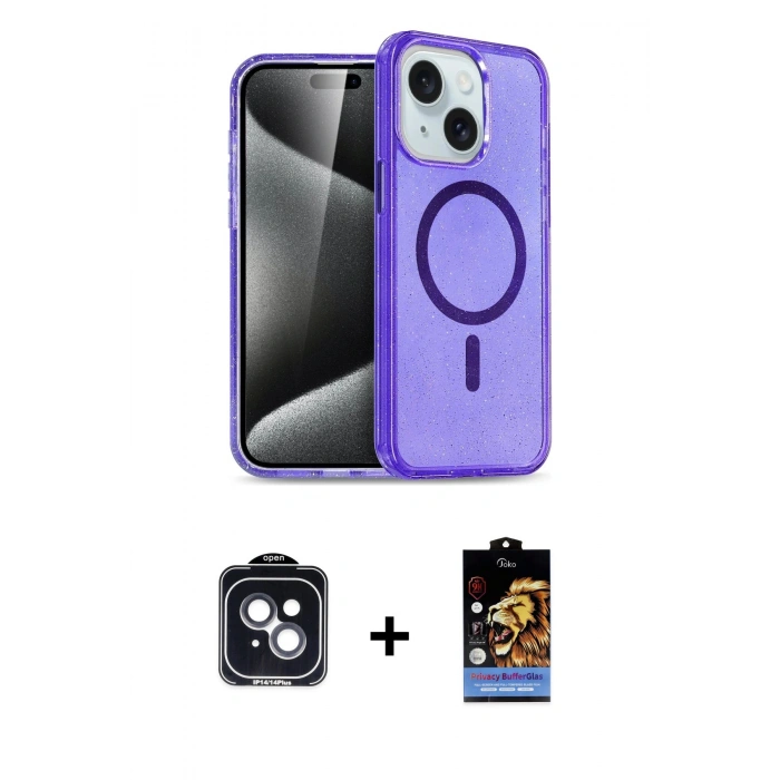 MARSİLYAN™- iPhone 14 Kılıf Nova Asil Prime - Siyah Buffer Hayalet Cam Ekran Koruyucu + PVD Metal Kamera Lens - SH