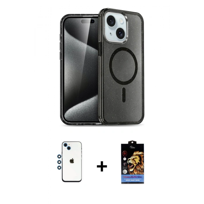 MARSİLYAN™- iPhone 14 Kılıf Nova Asil Prime - Siyah Buffer Hayalet Cam Ekran Koruyucu + Shine Kamera Lens - MI