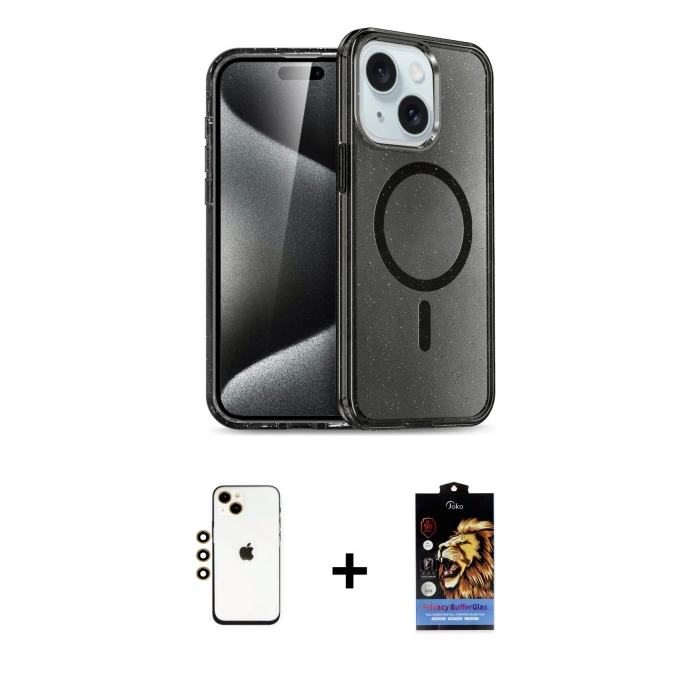MARSİLYAN™- iPhone 14 Kılıf Nova Asil Prime - Siyah Buffer Hayalet Cam Ekran Koruyucu + Shine Kamera Lens - GD