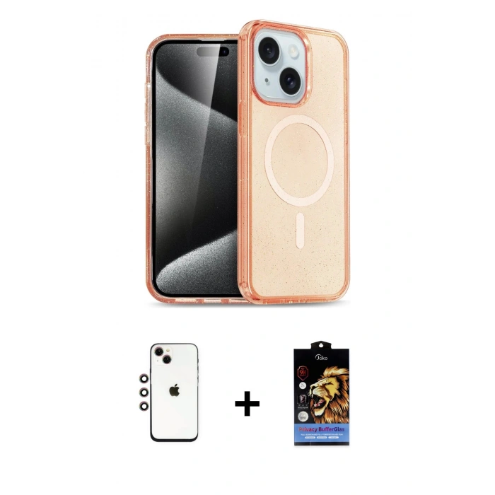 MARSİLYAN™- iPhone 14 Kılıf Nova Asil Prime - Siyah Buffer Hayalet Cam Ekran Koruyucu + Shine Kamera Lens - GI