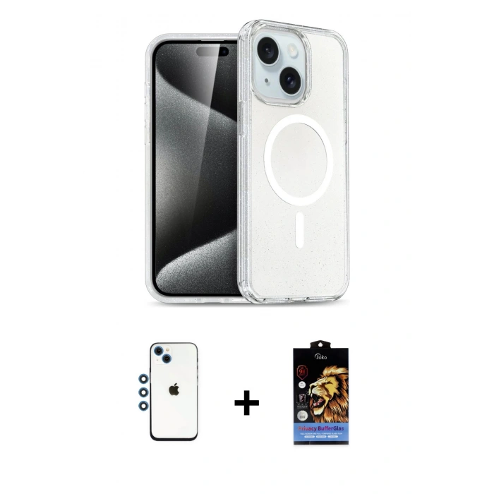MARSİLYAN™- iPhone 14 Kılıf Nova Asil Prime - Siyah Buffer Hayalet Cam Ekran Koruyucu + Shine Kamera Lens - MI
