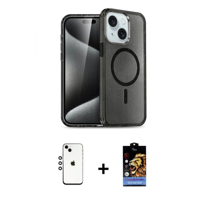 MARSİLYAN™- iPhone 14 Kılıf Nova Asil Prime - Siyah Buffer Hayalet Cam Ekran Koruyucu + Shine Kamera Lens - GS