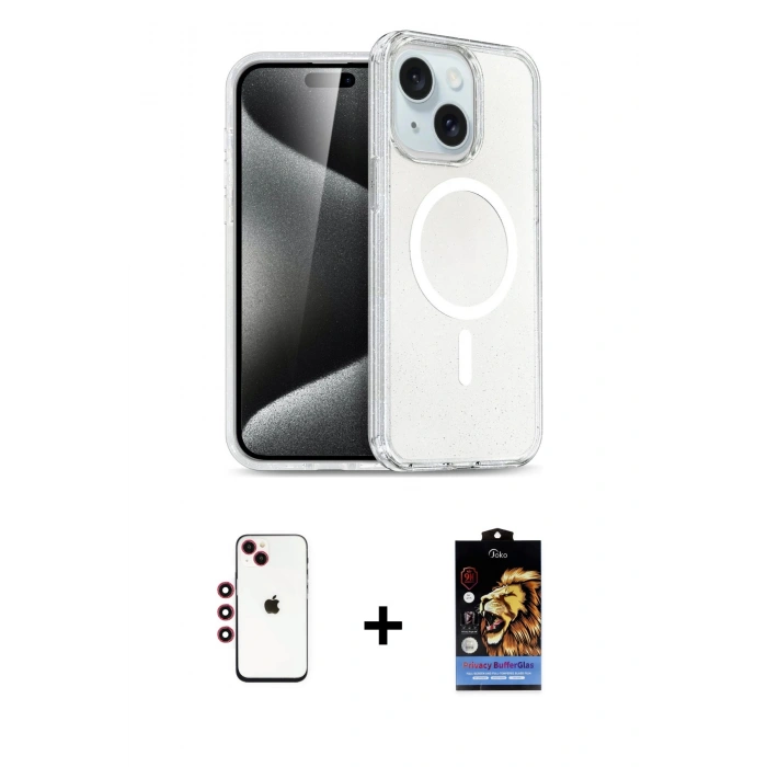 MARSİLYAN™- iPhone 14 Kılıf Nova Asil Prime - Siyah Buffer Hayalet Cam Ekran Koruyucu + Shine Kamera Lens - KI