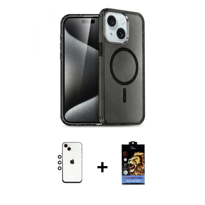 MARSİLYAN™- iPhone 14 Kılıf Nova Asil Prime - Siyah Buffer Hayalet Cam Ekran Koruyucu + Shine Kamera Lens - GI