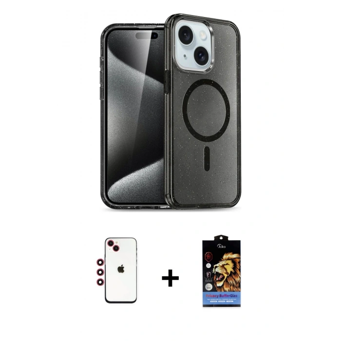 MARSİLYAN™- iPhone 14 Kılıf Nova Asil Prime - Siyah Buffer Hayalet Cam Ekran Koruyucu + Shine Kamera Lens - KI