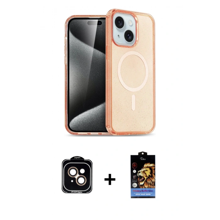 MARSİLYAN™- iPhone 14 Kılıf Nova Asil Prime - Siyah Buffer Hayalet Cam Ekran Koruyucu + PVD Metal Kamera Lens - TU