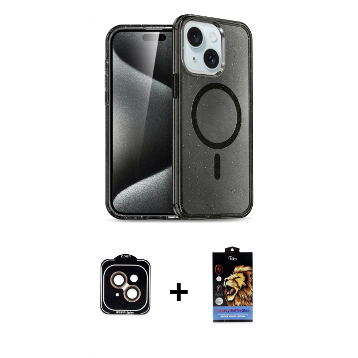 MARSİLYAN™- iPhone 14 Kılıf Nova Asil Prime - Siyah Buffer Hayalet Cam Ekran Koruyucu + PVD Metal Kamera Lens - TU