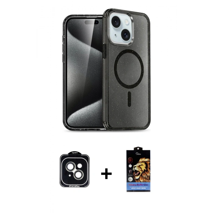 MARSİLYAN™- iPhone 14 Kılıf Nova Asil Prime - Siyah Buffer Hayalet Cam Ekran Koruyucu + PVD Metal Kamera Lens - YL