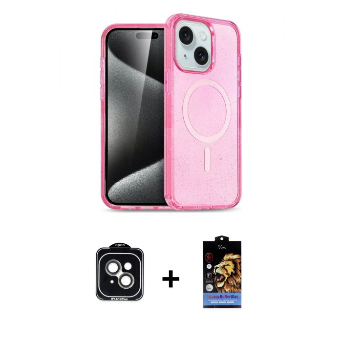 MARSİLYAN™- iPhone 14 Kılıf Nova Asil Prime - Siyah Buffer Hayalet Cam Ekran Koruyucu + PVD Metal Kamera Lens - YL