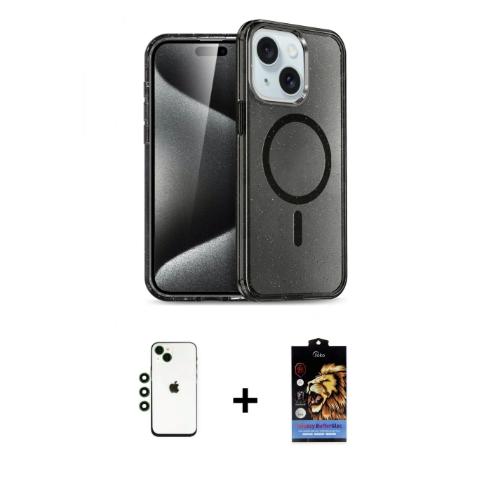 MARSİLYAN™- iPhone 14 Kılıf Nova Asil Prime - Siyah Buffer Hayalet Cam Ekran Koruyucu + Shine Kamera Lens - YL