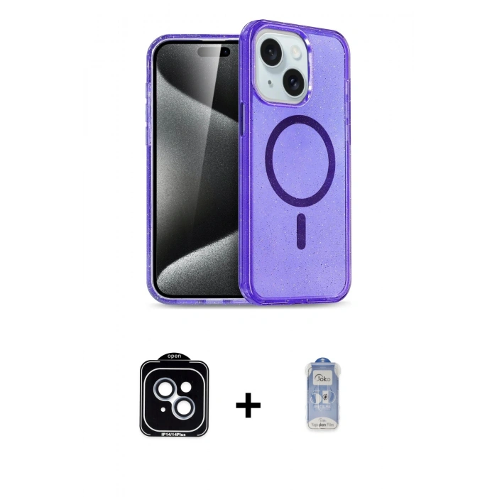 MARSİLYAN™- iPhone 14 Kılıf Nova Asil Prime - Siyah Joko Magic 5D Cam + Mavi PVD Metal Kamera Lens