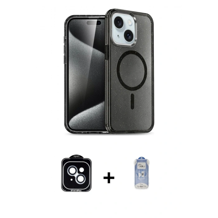 MARSİLYAN™- iPhone 14 Kılıf Nova Asil Prime - Siyah Joko Magic 5D Cam + Mavi PVD Metal Kamera Lens