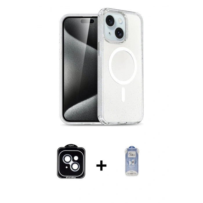 MARSİLYAN™- iPhone 14 Kılıf Nova Asil Prime - Siyah Joko Magic 5D Cam + Mavi PVD Metal Kamera Lens
