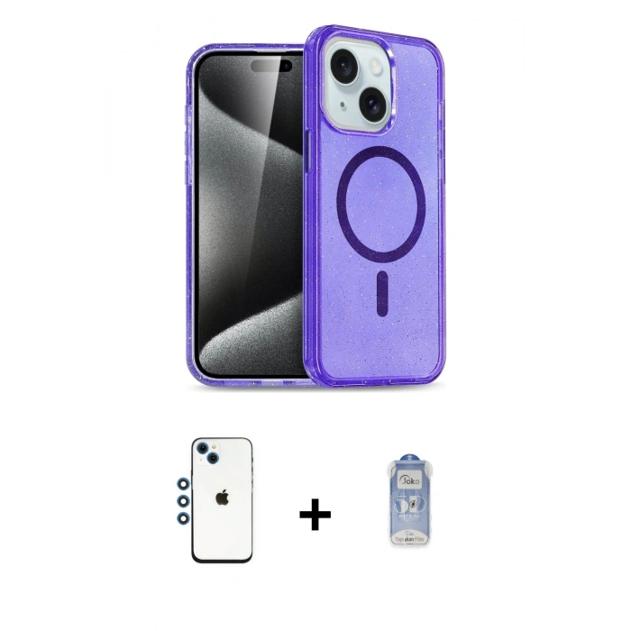 MARSİLYAN™- iPhone 14 Kılıf Nova Asil Prime - Siyah Joko Magic 5D Cam + Mavi Shine Kamera Lens