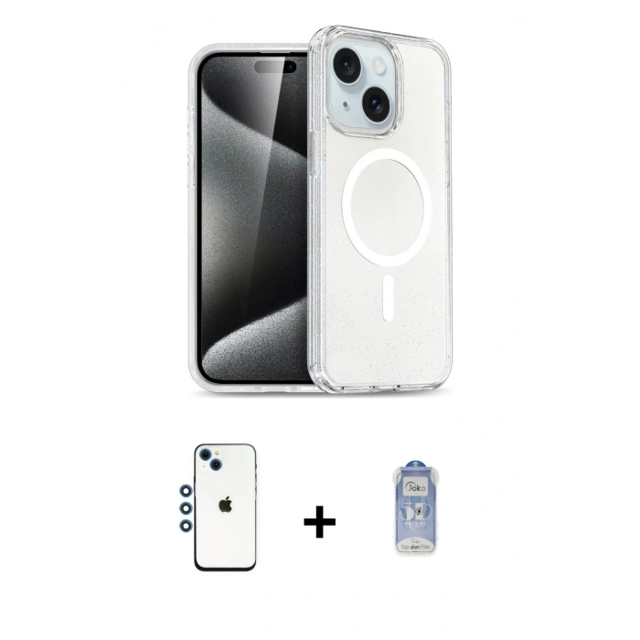 MARSİLYAN™- iPhone 14 Kılıf Nova Asil Prime - Siyah Joko Magic 5D Cam + Mavi Shine Kamera Lens
