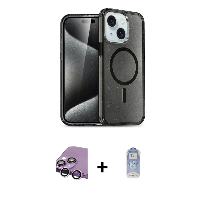 MARSİLYAN™- iPhone 14 Kılıf Nova Asil Prime - Siyah Joko Magic 5D Cam + Raze Metal Kamera Lens - GS