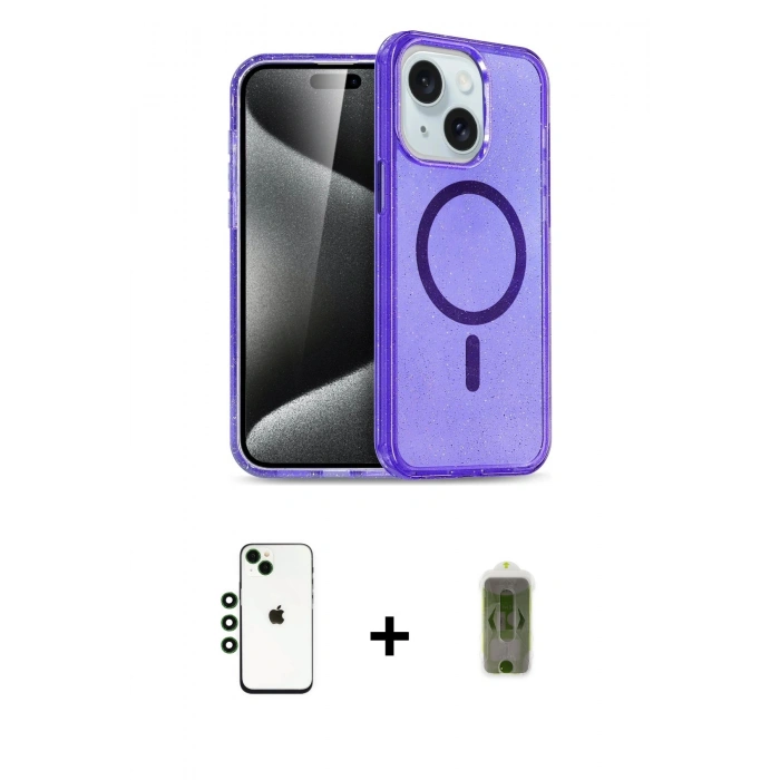 MARSİLYAN™- iPhone 14 Kılıf Nova Asil Prime - Siyah Joko Magic 5D Hayalet Cam + Yeşil Shine Kamera Lens